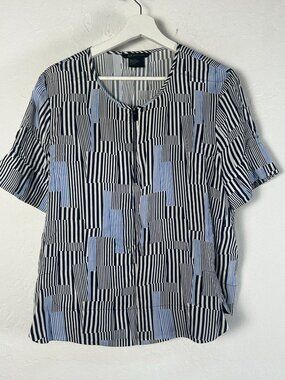 A/X Armani Exchange Womens Blue White Striped Short Sleeve Blouse XL Zip Front